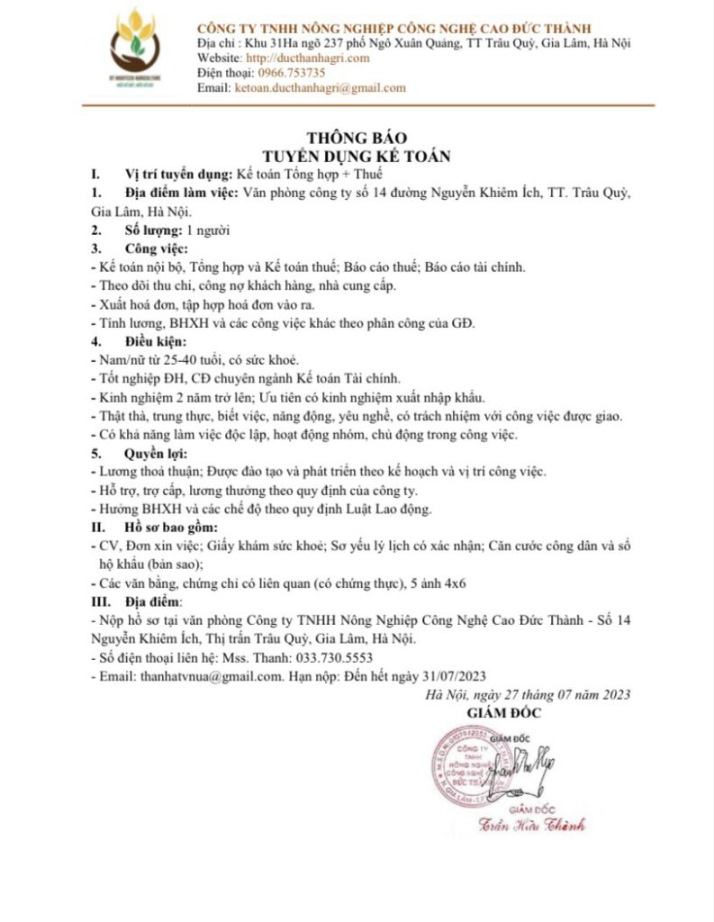 Đức Thành tuyển dụng kế toán